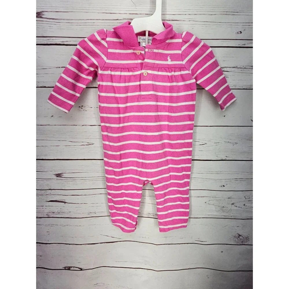 Ralph Lauren Girls‎ Pink Striped Polo Collared Coverall Outfit Size 9M 9 months